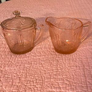 Vintage 1930’s Pink Glass Creamer and Sugar Set. Cherry Blossom pattern